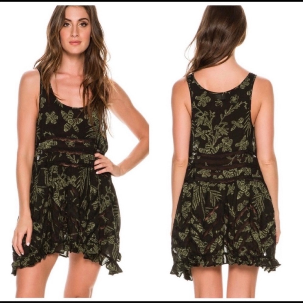 Free People Black and Green Floral Mini Dress
